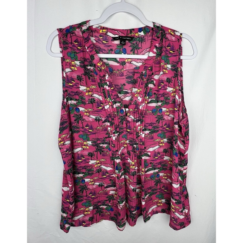 Zac & Rachel Women's L Pink Tropical Print Sleeveless Pleated Blouse Top NWT